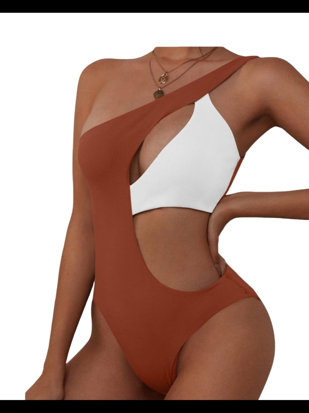 Zaful Rust Brown and White Cutout One-Shoulder One-Piece Swimsuit